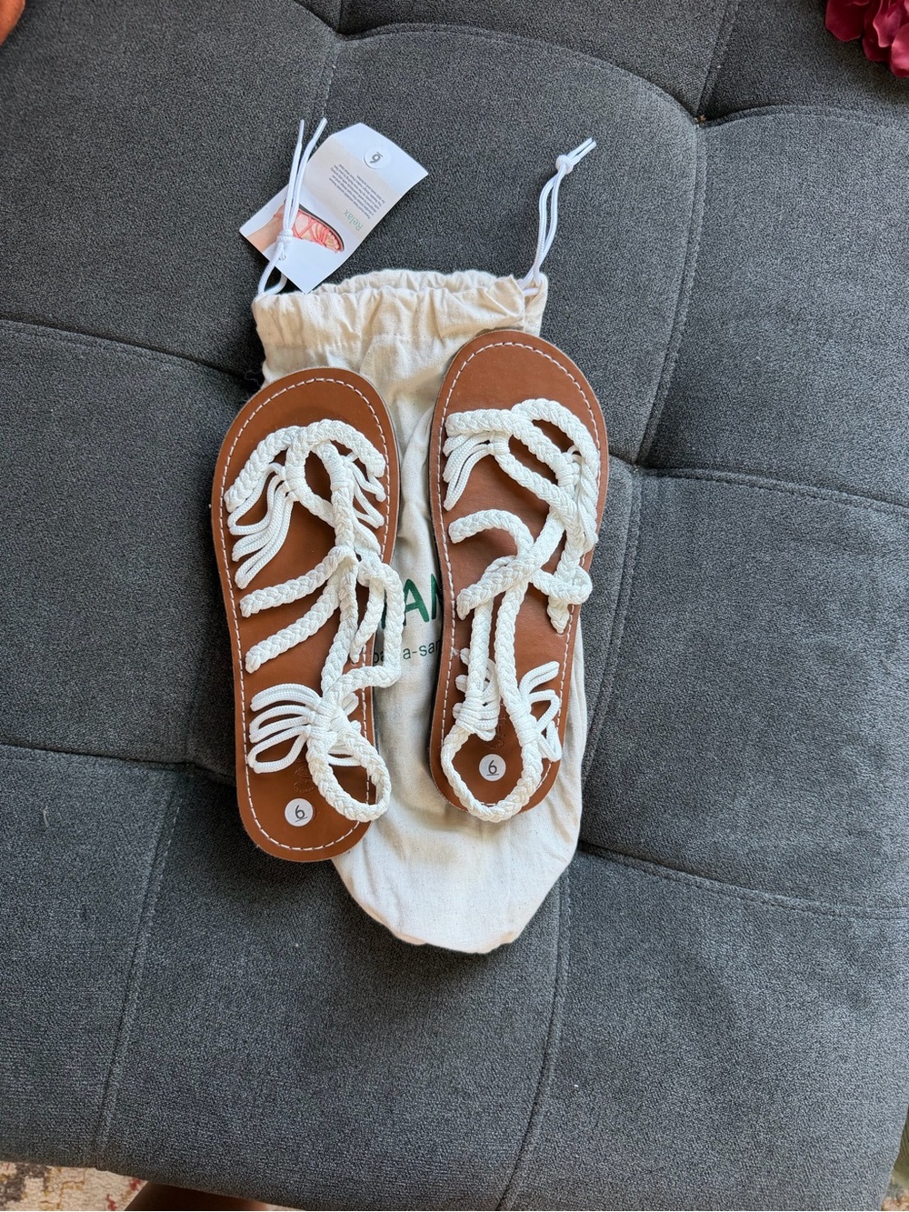 Braided Rope Strap Brown Sandals with White Straps